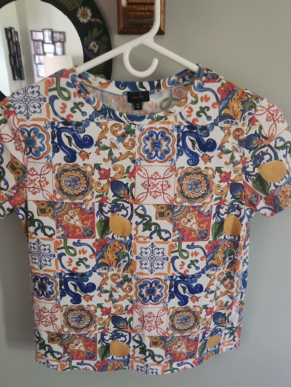 AnthWerth Embellished Floral Print Top in White, Blue & Green